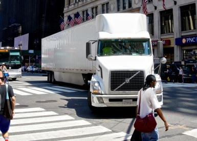 Tractor-Trailer and Pedestrians Crossing, 7th Avenue, Manhattan